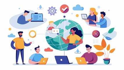 Fototapeta premium The team working together, connected through a digital network. It highlights the importance of clear communication and collaboration tools in fostering successful teamwork across borders.