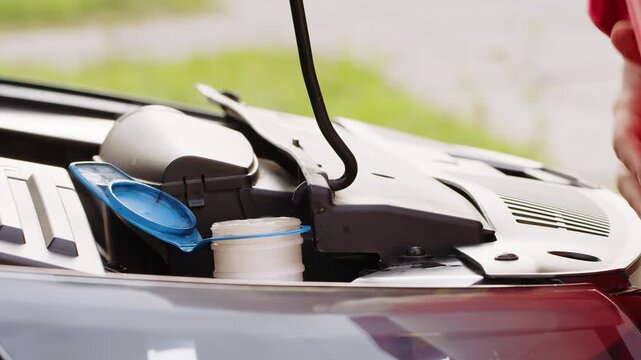 Close-up service worker man driver pouring red non freezing windshield cleaning glass washer fluid in hood car tank from canister bottle. Summer or winter fluid windscreen liquid glass window cleaner