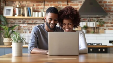 A man and woman are sitting at a table looking at a laptop