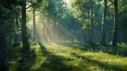 Obraz premium Experience the peacefulness of a forest clearing, where the sunlight streams through the trees and the grass is soft underfoot.