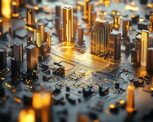 3D render of AI algorithms optimizing energy efficiency, with a futuristic city background, more clarity with clear light and sharp focus, high detailed