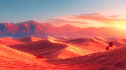 Naklejka premium A breathtaking and magnificent view of a vast desert landscape illuminated by a vibrant and stunning sunset