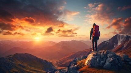 Hiker with backpack standing on a rock and enjoying sunset on mountains. Neural network ai generated art