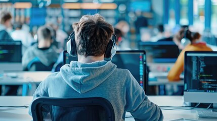 A student engaged at a computer workstation in a lab, captured from behind, illustrating the role of technology in contemporary education settings.