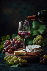 Obraz premium close up of wine being poured into a glass with cheese and grapes