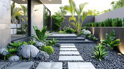 Chic garden space with clean lines and monochromatic plant palette, Minimalist garden design ideas, Elegant modern garden