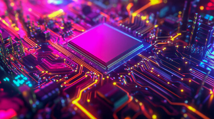 Cpu microchip processing data on a motherboard, glowing with vibrant neon lights, representing technological progress