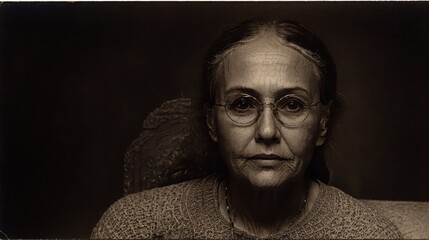 Generative AI, A dignified and solemn portrait of an elderly woman, capturing her quiet strength and wisdom in a sepia-toned composition that conveys a deep sense of history and resilience
