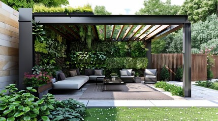 Contemporary patio with a green roof and vertical garden walls, Outdoor living space design, Innovative outdoor lounge