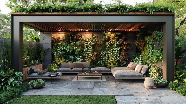 Contemporary patio with a green roof and vertical garden walls, Outdoor living space design, Innovative outdoor lounge