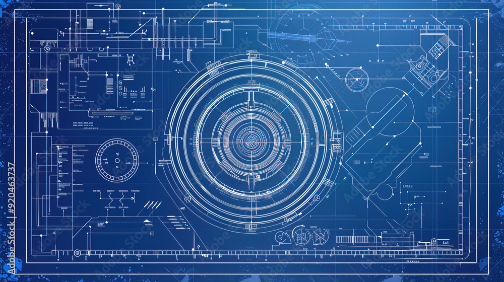Fototapete abstract technology background: blueprint of a teleportal, flat graphics on the computer, perfect ci