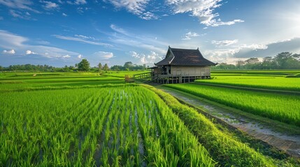 Traditional House in Rice Paddy Field