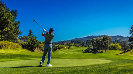 Obraz premium Golfer is focused while making a swing on a picturesque golf course in the sunshine