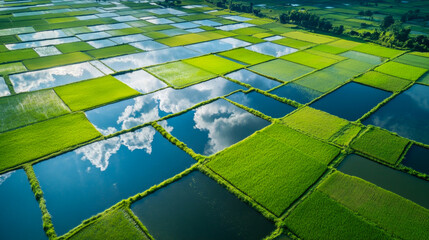 Stunning aerial view of a patchwork of flooded rice paddies forming a geometric pattern with a reflection of the clouds in southeast asia
