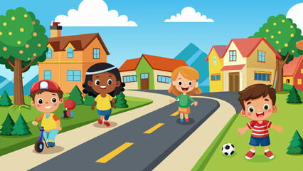 happy kids playing vector art illustration