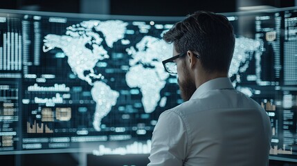 A financial analyst closely examines a world map overlayed with fluctuating currency symbols, representing the dynamic nature of global markets. The image features ample copy space to discuss the