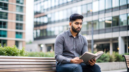 Obraz premium An Indian man with a serious expression, studying on a campus bench with modern university buildings and greenery around him.