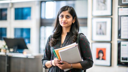 Fototapeta premium An Indian woman holding a stack of notebooks and a pen, standing in a study lounge with educational posters on the walls.