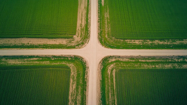 Aerial view of a dirt road dividing lush green farm fields into four equal squares