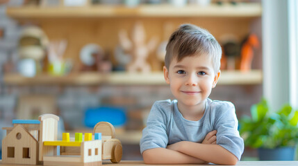 木のおもちゃに囲まれテーブルに座って腕組ポーズをする幼い少年