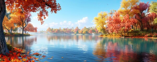 Lake with colorful autumn foliage, peaceful and vibrant