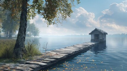 Lakeside view with a small wooden dock, rustic charm