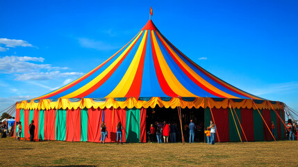 Exciting circus tent in a sunny field, families eagerly entering for a fun day. Childhood joy comes alive in this vibrant scene