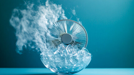 Ventilator producing cool air by blowing on a bowl of ice cubes, offering relief from the summer heat