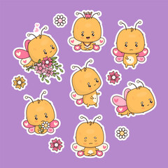 Cute butterfly characters stickers. Meditating, flying with bouquet flowers, princess girl in crown and sitting with daisy. Isolated funny cartoon kawaii insect. Vector illustration. Kids collection