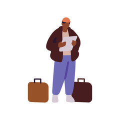 Tourist with suitcases stands. African American person holds paper sheet in hands, looks at map, navigates. Man with luggage for travel, journey. Flat isolated vector illustration on white background