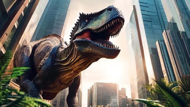 Huge tyrannosaurus with open mouth in big city. Dinosaur walks in a metropolis.