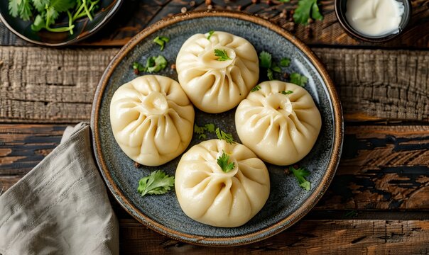 Delicious traditional Chinese bao bans, baozi in a bowl on rustic background. China traditional delicacy dumplings