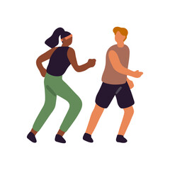 Couple with active lifestyle does morning jogging together. Professional runners, joggers run, training. People in sportswear go sports, fitness. Flat isolated vector illustration on white background