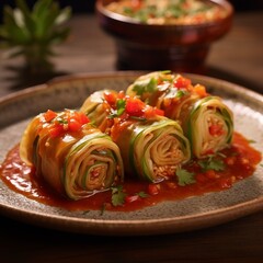 Cabbage Rolls in Tomato Sauce with Sesame Seeds and Fresh Herbs