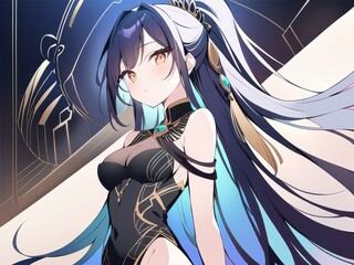 Anime Girl with Long Blue and Black Hair.