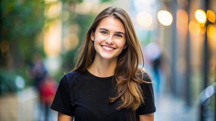 Fototapeta premium A young woman with a bright smile wears a simple black t-shirt, showcasing a relaxed and casual style against a soft, blurred background.