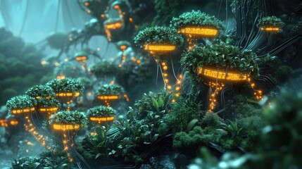 Concept art of artificial photosynthesis with advanced bio-tech plants connected to glowing circuits, symbolizing the fusion of nature and technology in a futuristic landscape.