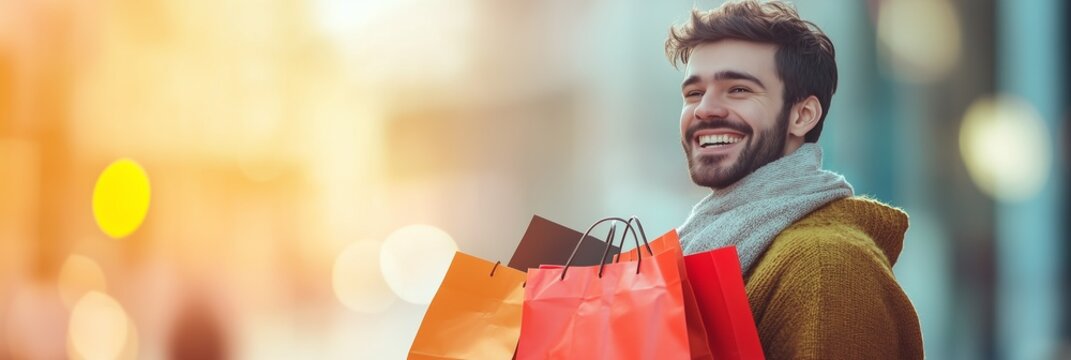 Banner with a happy shopper holding shopping bags with discounted items and space for text