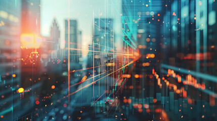Obraz premium An abstract virtual financial graph hologram on a blurry modern office building background, illustrating forex and investment concepts with a multi-exposure effect.