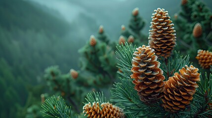 Close-up view of pine cones nestled in lush, green foliage with a misty mountain backdrop, showcasing nature's beauty.