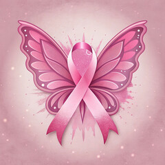 Cancer Awareness Month featuring a pink ribbon and butterfly illustration design