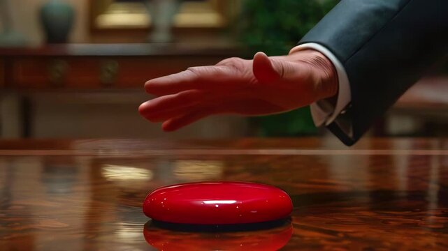 Unrecognizable man in jacket holds his hand over large red button in doubt. Hesitation during an important and risky decision.