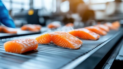 High-resolution image of a seafood processing conveyor belt, featuring fillets being cleaned, cut, and packaged with advanced technology.