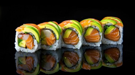 Colorful sushi rolls with fresh salmon and avocado, beautifully arranged on a reflective surface for an elegant presentation.