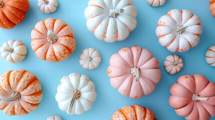 Colorful pumpkins of various sizes on a light blue background, perfect for autumn decor and seasonal celebrations.