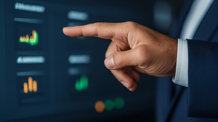 close-up of a businessman's hand pointing at a financial data screen, showcasing business success and data analysis in a modern office setting.