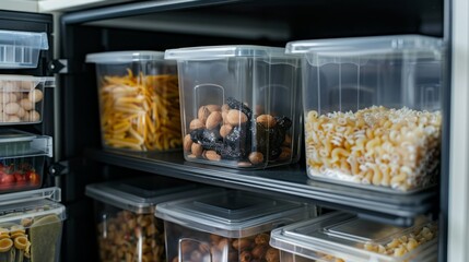 A refrigerator full of food, including pasta, nuts, and other snacks