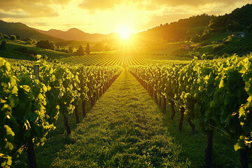 Naklejka premium Sunlit Grape Vines in a Vineyard