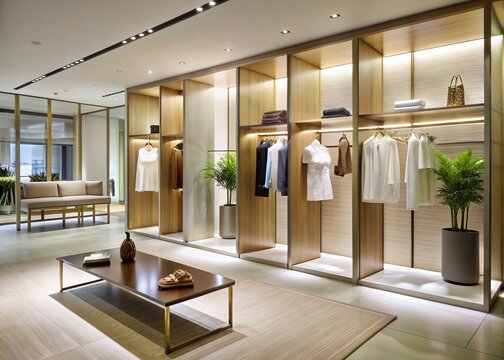 Elegant women's clothing store features partition walls, crisp white surfaces, and Molteni-hued accents, epitomizing vintage modernism in a sophisticated and stylish interior design.