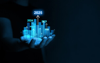  Development to success and motivation in 2025.Growth and development chart of company in new year 2025. Planning,opportunity, challenge and business strategy in new year 2025.